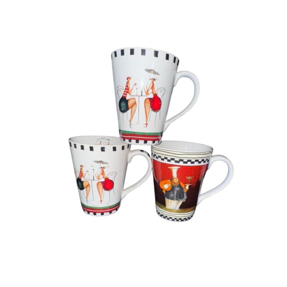 Set Of 3 Mes Amies Ceramic Mugs With Chic Cafè Design Black & White